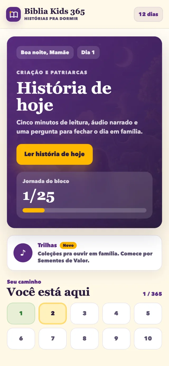 Tela real com a jornada de histórias do Biblia Kids 365